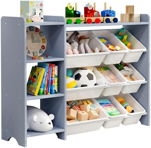 MallBest Kids Toy Storage Organizer with Bins, Solid Pine Wood Frame Toy Storage Cabinet and Kids Bookshelf, 3-Tier Playroom Organizer for Kids Room, Nursery and Bedroom,Grey-Single by MallBest