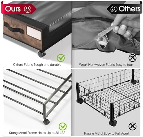 Yecaye Under Bed Storage with Wheels, 2Pack Under Bed Storage Containers, Underbed Shoe Storage Organizer, Rolling Under Bed Metal Drawers for Clothes, Blankets, Brown - Image 4