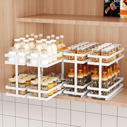 Mustorn 4 Pack Pull Out Spice Rack Organizer for Cabinet, 2 Tier Metal Slide Out Seasoning Organizer and Storage Heavy Duty Vertical Spice Rack Shelf Pullout for Kitchen Cabinets No Drilling (White) by MUSTORN
