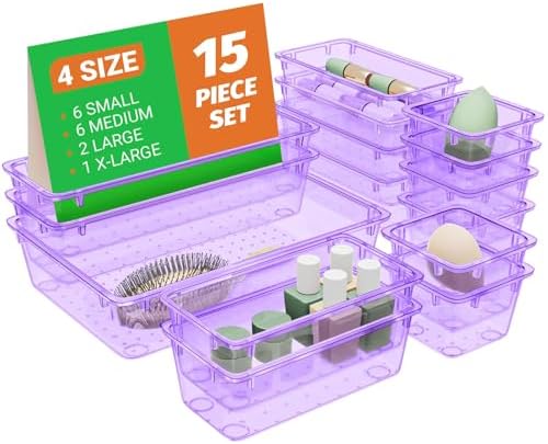 SpaceHacks 15 PCS Plastic Drawer Organizer Set, Drawer Storage Trays by SpaceHacks
