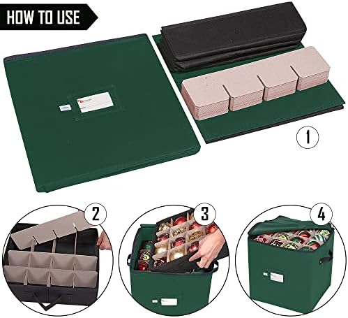 Christmas Ornament Storage Box, 4 Individual Trays Xmas Storage Container, Fits 64 Ornaments Decoration Balls, Constructed of Durable 600D Oxford Material (Green) - Image 3