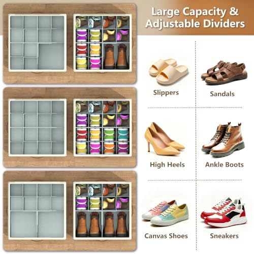 Shoe Organizer for Closet, 2 Pack Foldable Shoe Storage Organizer Box Bin with Adjustable Dividers and Clear Cover, Fits up to 16-32 Pairs（Grey&Beige） - Image 2