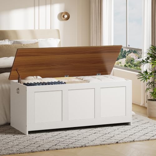 HOOBRO Storage Bench, 43.3" Retro Wooden Storage Chest, Wooden Storage Trunk, Toy Chest with Lift Top, Multifunctional Entryway Organizer, for Entryway, Living Room, White and Walnut WH411CW01G1 - Image 6