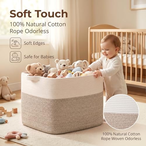 OIASKET 108L Cotton Rope Storage Basket for Living Room and Bedroom 25"x16"x16" Woven Laundry Basket, Heavy Duty Bin for Blankets, Pillows & Toys, Pet-Safe & Scratch-Free, Brown and White - Image 4