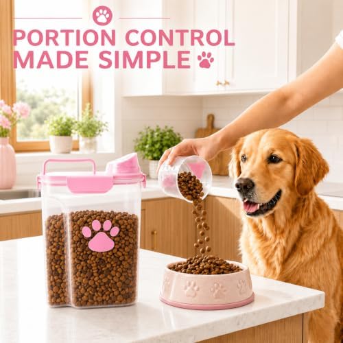 5-7Lbs Airtight Dog Cat Food Storage Container with cleaning brush,Measuring Cup,4 Snap Seals,Portable Pet Food Containers with Upgraded Large Nozzle for Dogs,Cats,Birds,Small Animals(Large-Pink) - Image 4