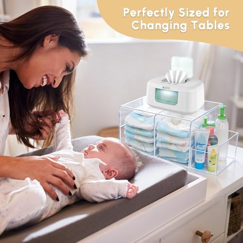 Diaper Caddy Acrylic, Baby Changing Table Organizer, Dresser Tabletop Organizer with 4 Detachable Compartments, Storage for Wipe Dispenser, Anti-slip Rubber Feet, Newborn Baby Essentials, Transparent - Image 3