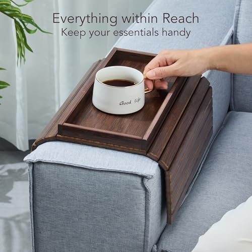 DETOR Couch Arm Tray with Spacious 12.4" x 5.4" Storage Box, Walnut Bamboo Finish, Enhanced Non-Slip Felt Bottom, Sturdy Bamboo Slats, Fits Armrests 6" and Wider - Image 2