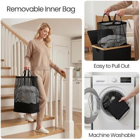 efluky Slim Laundry Hamper with Lid and Removable Bag, 65L Black - Image 6