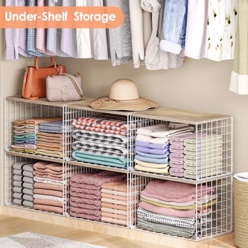 Extra-Long Closet Organizers and Storage with Top Board, 3 Pack Stackable Closet Shelf Organizer, Double Storage Design, Clothes Storage Cube/Bin/Basket for Wardrobe, Space-Saving, White,Sturdy,Metal - Image 4