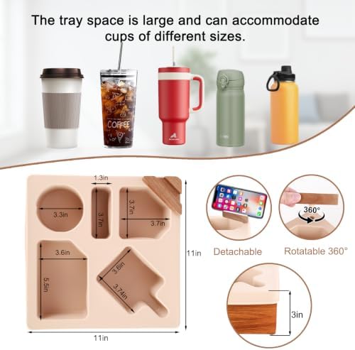 Couch Cup Holder Tray, Silicone Wooden Couch Caddy with Cup Holder for Snacks, Drinks, Remotes, Waterproof Cup Holder for Couch, Organizer, Couch Drink Holder - Image 6