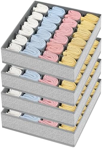 Joyoldelf Sock Drawer Organizer Divider Underwear Organizer 24-cell Fabric Dresser Drawer Organizers Storage Boxes for Socks Lingerie, Handkerchiefs, Ties 4 Pack (Gray) by APPRECIATELIFERELAXYOURSOUL