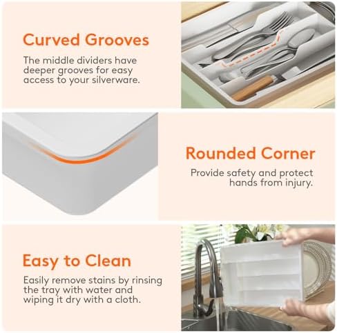 Lifewit Silverware Drawer Organizer Tray, Plastic Cutlery Storage for Kitchen, Flatware and Utensil Holder Divider for Spoons Forks Knives Tableware, 9.5 x 13.4", 5 Slots, White - Image 6