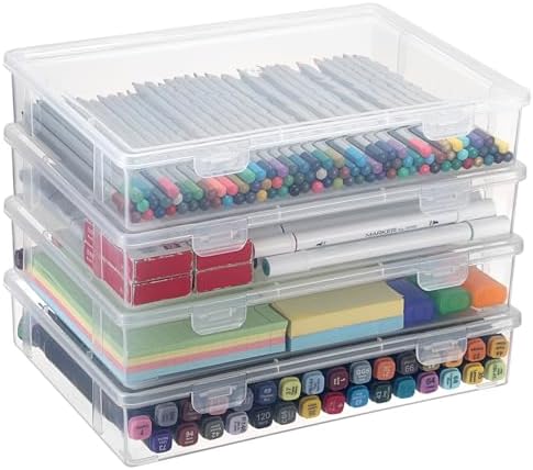 BTSKY Clear Plastic Storage Box with Flap Lid,4 Pack Medium-10.8"x7.9"x2.1" by BTSKY