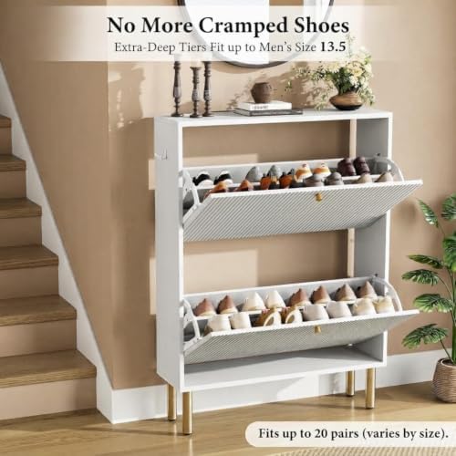 Nicetree Shoe Storage Cabinet for Entryway - 2 Flip Drawers Shoe Cabinet with Tiered Fluted Design - Slim Shoe Storage Rack with Gold Legs - Narrow Shoe Cabinet Hidden Shoe Organizer for Small Spaces - Image 3