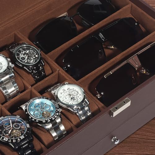Jewelry Box for Men, 6 Slot Watch Box Jewelry Organizer With Drawer, Watch Case for Men with Large Window, 2-Layer Watch Holder, Sunglasses Storage Organizer, Velvet Lining, Fathers Day Gift - Image 4