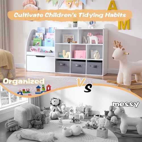Fatmok Kids Bookshelf and Toy Storage, 2 Pack 58.5’’ Toy Organizer with Movable Chests & 3 Storage Bins, Large Kids Reading Nook with 5 Cubbies for Playroom, Bedroom, Nursery, White - Image 3