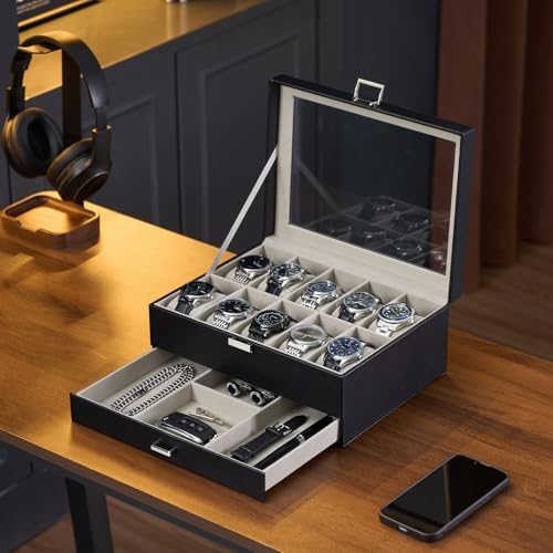 ProCase Watch Box, 10 Slot Watch Display Case with Drawer -Black - Image 4