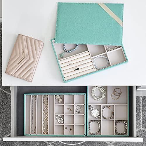 Household Essentials 3-Tier Jewelry Tray, Sturdy Chipboard With Polyester Linen Wrap, Polyester Felt Lining, Many Compartments for Easy Jewelry Access, Stackable, Stylish and Functional, Seafoam Green - Image 6