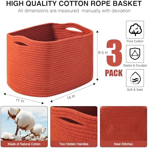 ICERZCZ Storage Baskets for Organizing, Storage Basket for Shelves, Toy Towel Basket for Bathroom Nursery, Woven Cotton Rope Baskets for Decor, 15"x11"x9.5", 3 Packs, Brick Red - Image 3