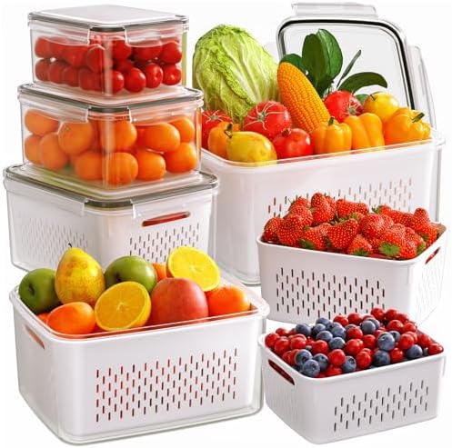 6 PCS Fruit Storage Containers for Fridge with Removable Colanders, 6 Plastic Food Storage Containers with 6 Lids, Leakproof Produce Containers Keep Fruits, Vegetables, Berry, Meat Fresh Longer by HelpYouSaveMoreSpace
