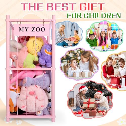 GLDZI Stuffed Animal Storage Zoo, Wooden Stuffed Animal Organizer with Elastic Cords for Boys Girls, Space Saving Toy Plushies Storage Holder for Playroom, Bedroom, Living Room (Pink, Small) - Image 6