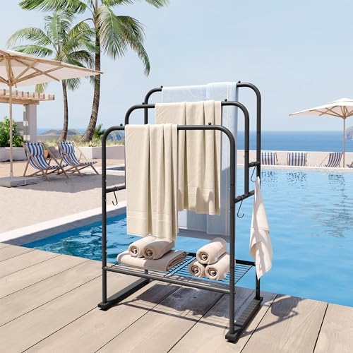 ELYKEN 3 Tier Freestanding Towel Rack with Shelf, 40" H Towel Stand, Black - Image 6
