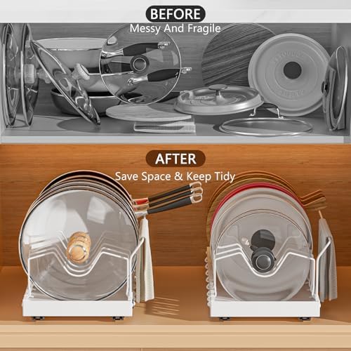 White Pull Out Pot Lid Organizer, Cabinet Pan Rack, 8 Dividers - Image 5