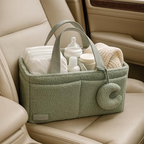Orelle Bouclé Diaper Caddy Organizer with Matching Pouch & Moon Pendant | Teddy Portable Changing Table Organizer | Sage Green Diaper Caddy | Must-Have Baby Shower Gifts | Sage Green - Image 5