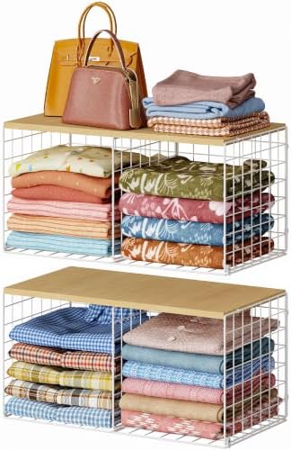 2 Pack Stackable Closet Organizers and Storage, 4 Cube Closet Shelves with Wood Top Board for Extra Clothes Storage, Small Metal Closet Shelf Organizer Bins Baskets for Sweater Sweatshirt Jeans, White by Yuyetuyo