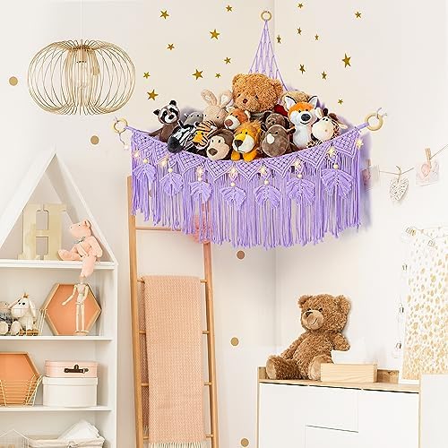 Macrame Stuffed Animal Storage with Star Light, Corner Hammock for Nursery - Image 3