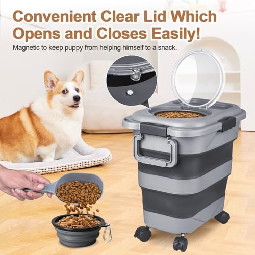 Dog Food Storage Container，2 Pack 25 lbs Airtight Collapsible Cat Food Storage Container with Attachable Wheels, Portable Handle, Dog Food Scoop for Dog Cat Bird Pet Dry Food Storage Bin Large - Image 4