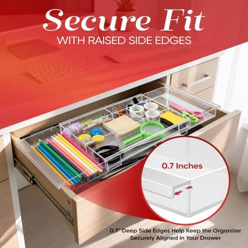Masirs Expandable Drawer Organizer - Customizable Makeup Vanity Organizing Storage Tray for Bathroom, Bedroom & Desk Drawers - Clear Plastic Cosmetics Organizers with Expanding Compartment (Set of 2) - Image 4