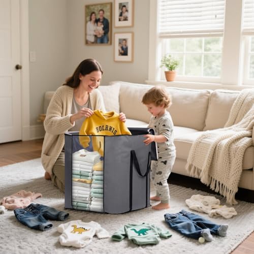 SLEEPING LAMB 120L Extra Large Blanket Storage Bags Breathable Clothes Storage Containers for King Comforter Bedding Pillow Sheet, Reinforced Handles, Grey - Image 5