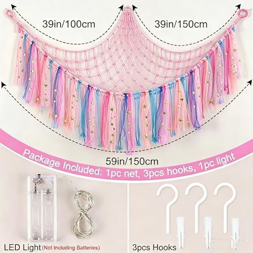 THIDARGO Stuffed Animal Hammock Storage Net with LED Lights, Colorful Tassels, 59in, for Kids Bedroom Nursery Playroom, Includes 3 Hooks (not including battery) (Peach Pink) - Image 2