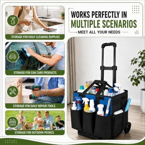 Cleaning Tools Cleaning Caddy with Wheels and Cleaning Apron, Large Rolling Cleaning Caddy Bag with Detachable Trolley, 6PCS Crevice Cleaning Brush Set, Adjustable Shoulder Strap & Multiple Pockets - Image 7