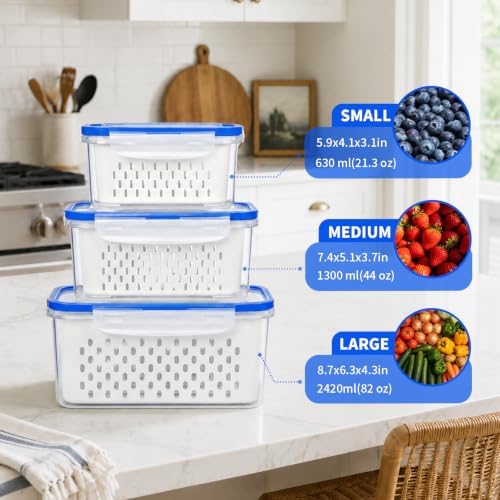 Fruit Containers 3Pcs with Removable Colanders & Lids, Fridge Fresh Storage - Image 3