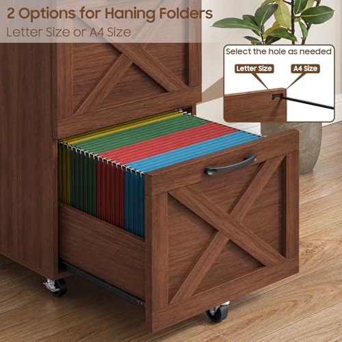 Halitaa Farmhouse 2 Drawer Small File Cabinet with Wheels, Walnut - Image 5