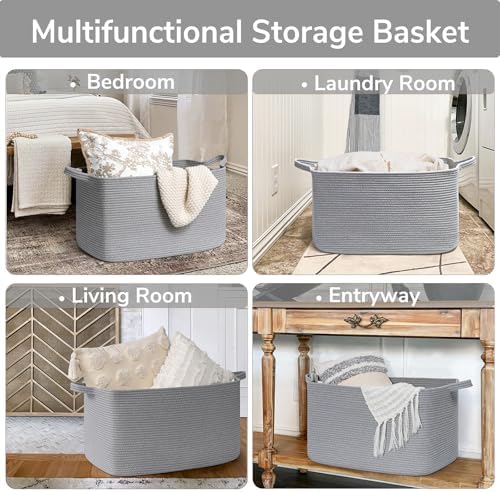Goodpick Large Woven Rope Blanket Basket, Rectangle, Gray, 75L - Image 4