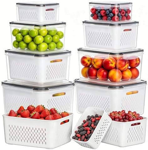 HOMETALL 8 Pack Fruit Storage Containers for Fridge, Produce Containers for Fridge with Colander, Leakproof Fridge Organizers and Storage for Berry Vegetable Salad Lettuce Meat Food by OrderNow