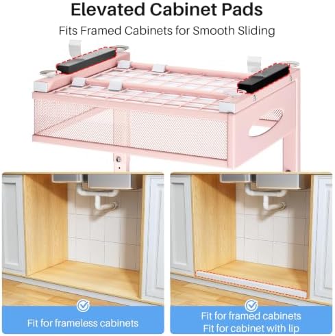 Under Sink Organizer, 2 Pack 2 Tier Pull Out Under Cabinet Organizer Shelf with Pad for Framed Cabinets, Metal Slide Out Under Sink Storage, Mesh Sliding Drawers for Kitchen Bathroom Laundry, Pink - Image 7