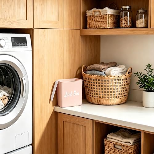 Magnetic Lint Bin with Lid for Laundry Room, Compact Plastic Dryer Lint Holder, Small Laundry Trash Container for Dryer Lint & Used Dryer Sheets, Space Saving Storage Decor Organizer (Pink) - Image 3