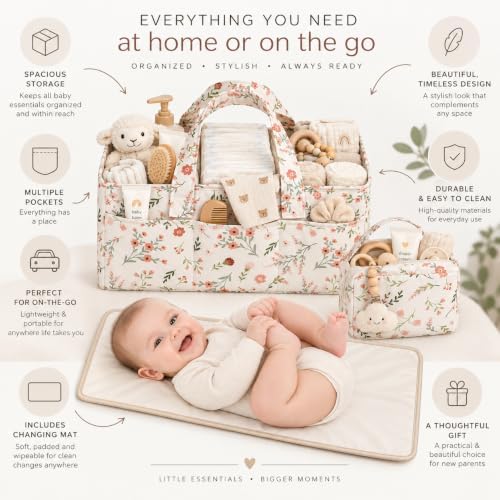 PeraBella Baby Diaper Caddy Organizer 3 Pcs Set, Floral Baby Basket Shower Gift, Nursery Organizer Basket for Newborn Boy Girl Essential Items, Changing Table Organizer Caddy for Baby Stuff, Car Caddy - Image 5