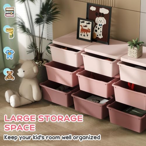 Qaba 9 Drawers Kids Storage Unit 3 Tier Toy Organizers Pink - Image 3
