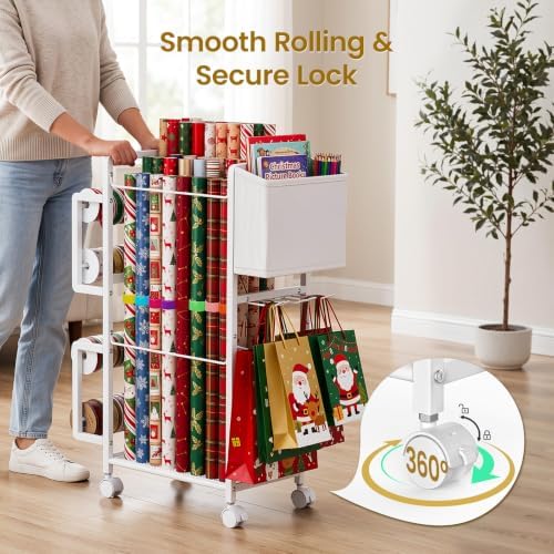 Lewondr Wrapping Paper Organizer Storage, Rolling Gift Wrap Storage Stand - Image 6