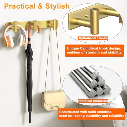 Wall Mounted Coat Rack-3 Hooks, Heavy Duty Stainless Steel Wall Hooks for Towel Coat Bag, Hat Rack Coat Hanger Coat Hooks Towel Racks for Bathroom Entryway Kitchen Hotel Office (Gold,1 Pack) - Image 4
