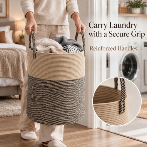JMvicyroam 60L Cotton Rope Laundry Basket Hamper, Brown and Black - Image 3