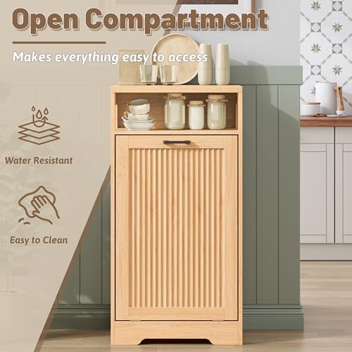 13 Gallon Tilt Out Trash Can Cabinet with Open Shelf & Storage - Pet Proof Hidden Recycling Cabinet & Wooden Laundry Hamper for Kitchen, Bathroom, Living Room,Natural Wood - Image 5