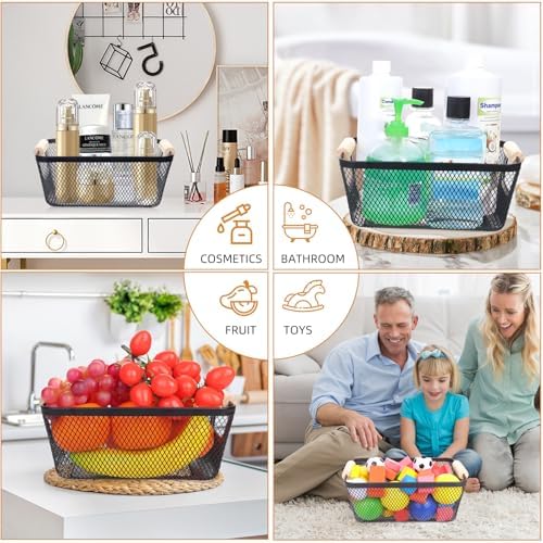 6 Pack Black Wire Basket with Wooden Handle, Storage Bins for Pantry - Image 2