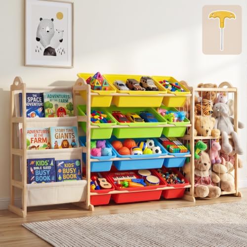 LAMU 3-in-1 Toy Storage Organizer with 3-Tier Bookshelf, Stuffed Animal Storage with 12 Bins and 4 Shelves, Wooden Book Shelf for Playroom Kids Room Nursery Bedroom Living Room Decor, Rainbow by YourHome-OrganizationHelper