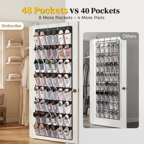 48 Pockets Over the Door Shoe Organizer, 1 Pack, 6-Column Heavy Duty Shoe Storage for Sneakers and Heels, Color Block Mesh Hanging Rack for Entryway or Bedroom, Black with White Accents - Image 2